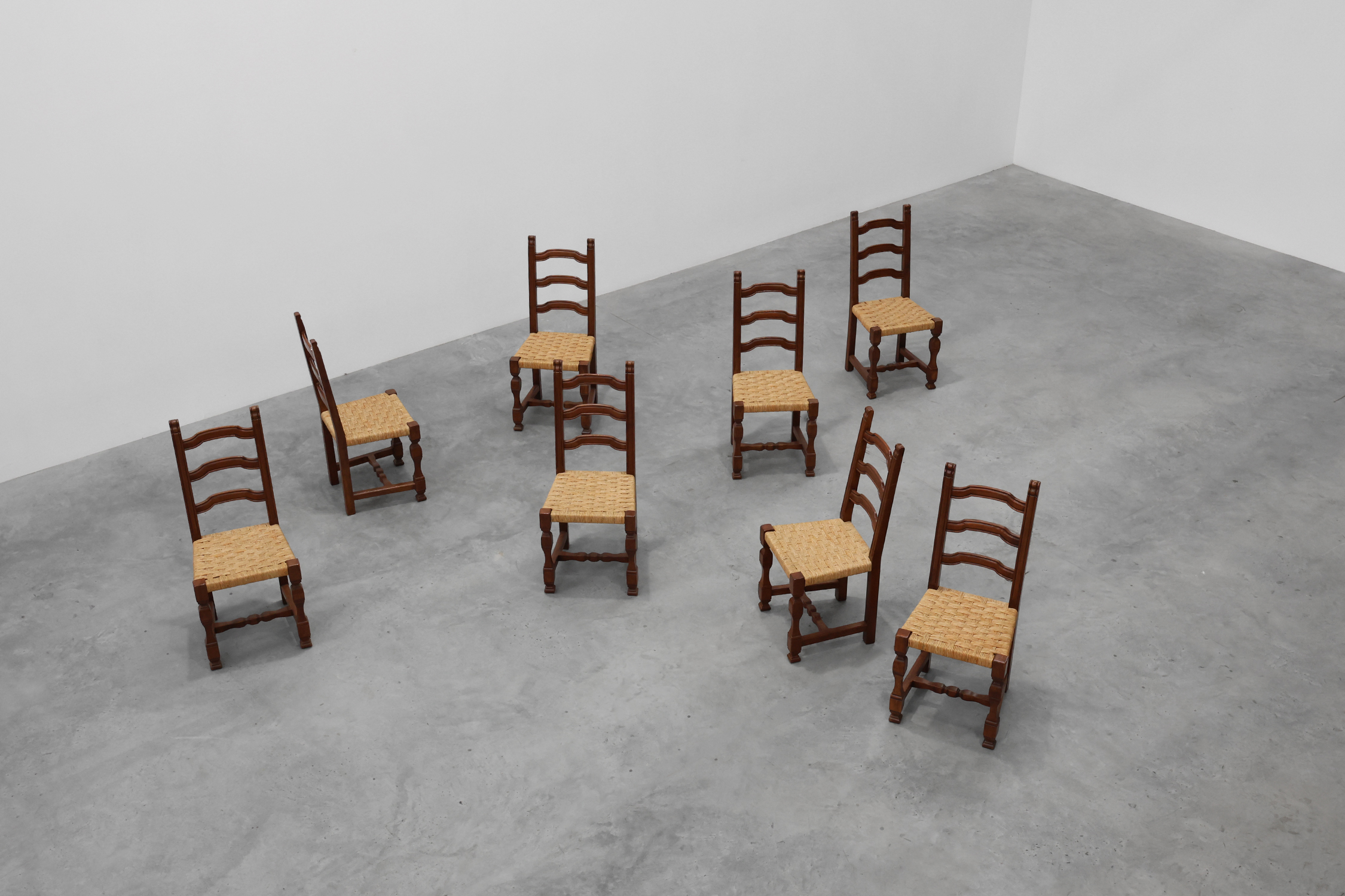 Set of 8 Brutalist Mid-Century Chairs in Wood and Wicker, Belgium ca. 1970thumbnail